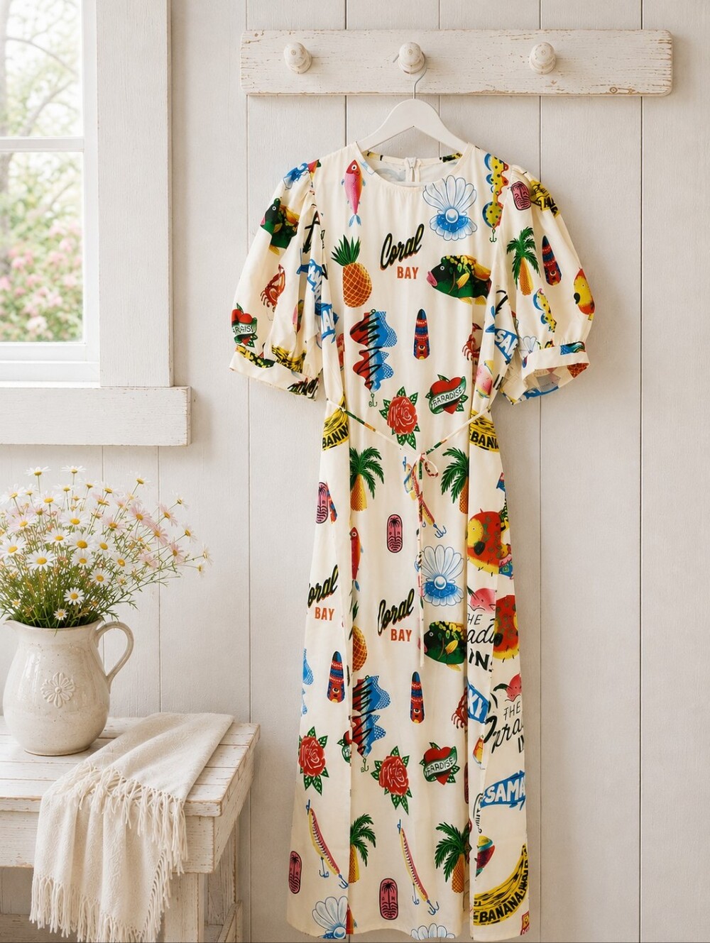 Tropical Cream Printed Puff-Sleeve Midi Dress w/ Side Pockets & String Belt 🦀🍹